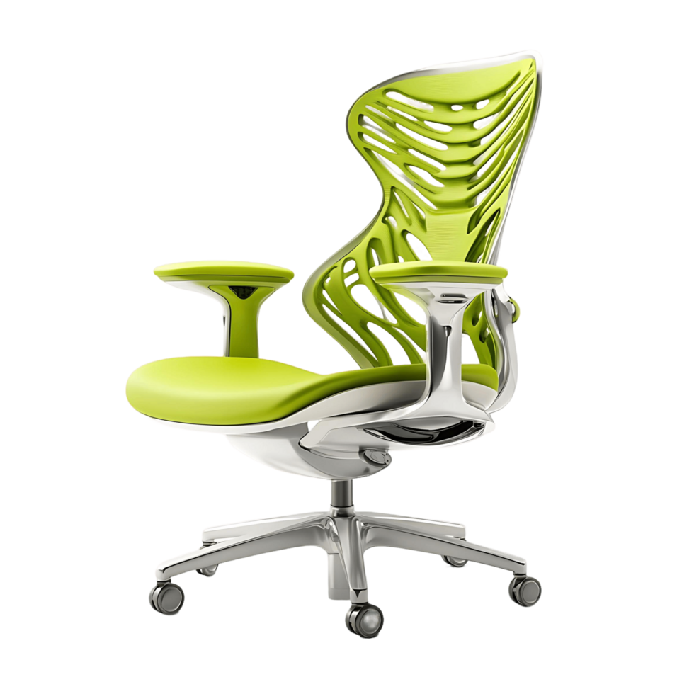 A green ergonomic office chair with a white seat and silver frame png