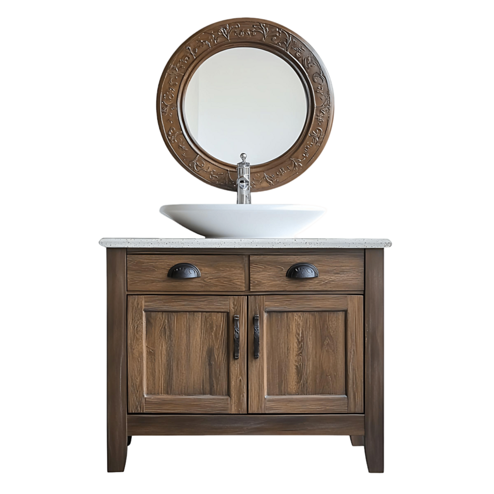 A wooden vanity with a sink and a mirror png