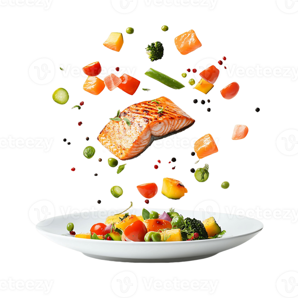 A plate of food with a piece of salmon and vegetables png