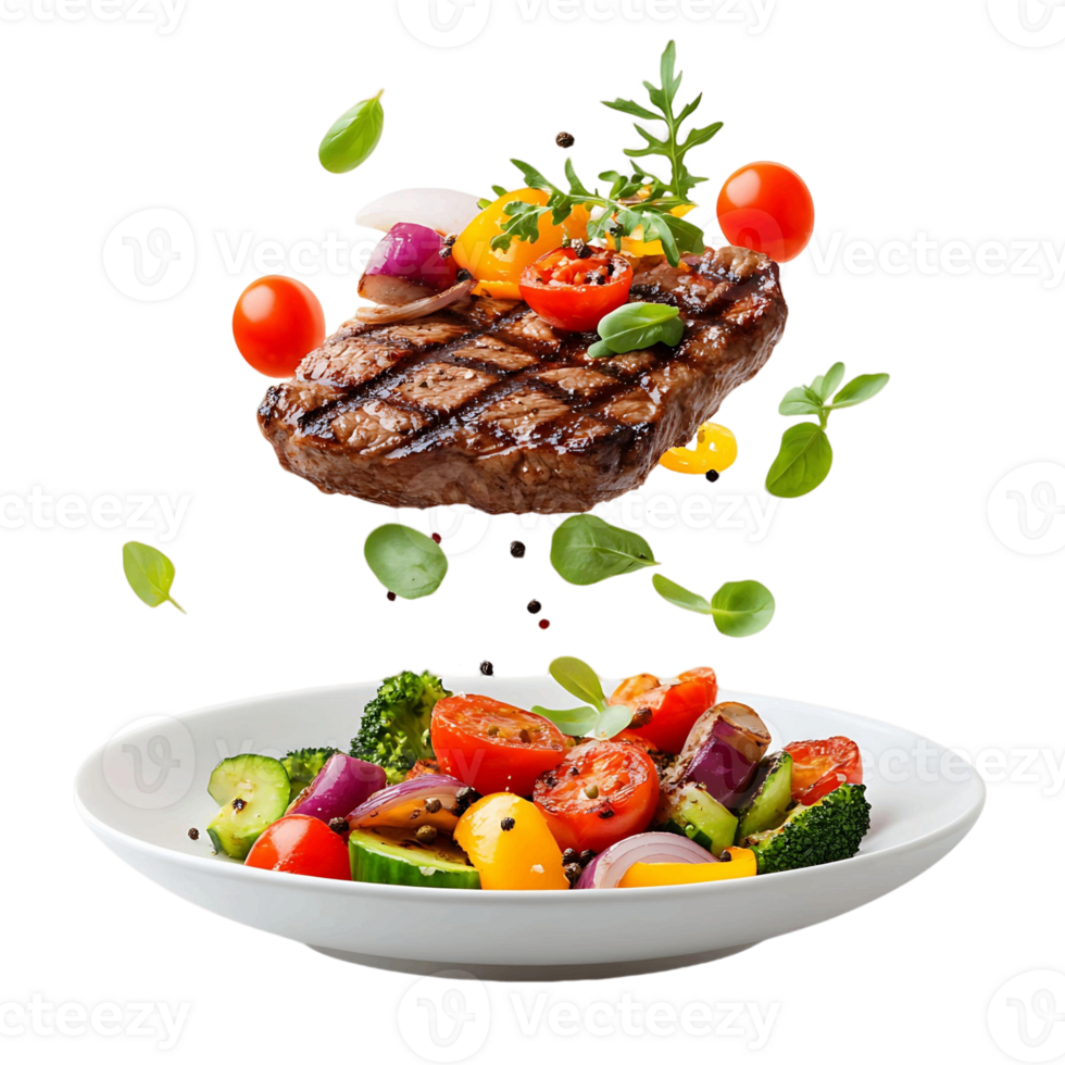 A plate of food with a piece of meat and vegetables png
