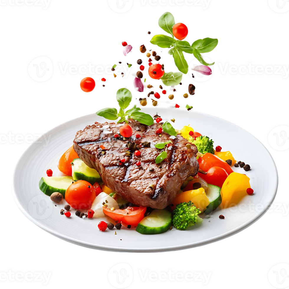 A plate of food with a piece of meat and vegetables on it png