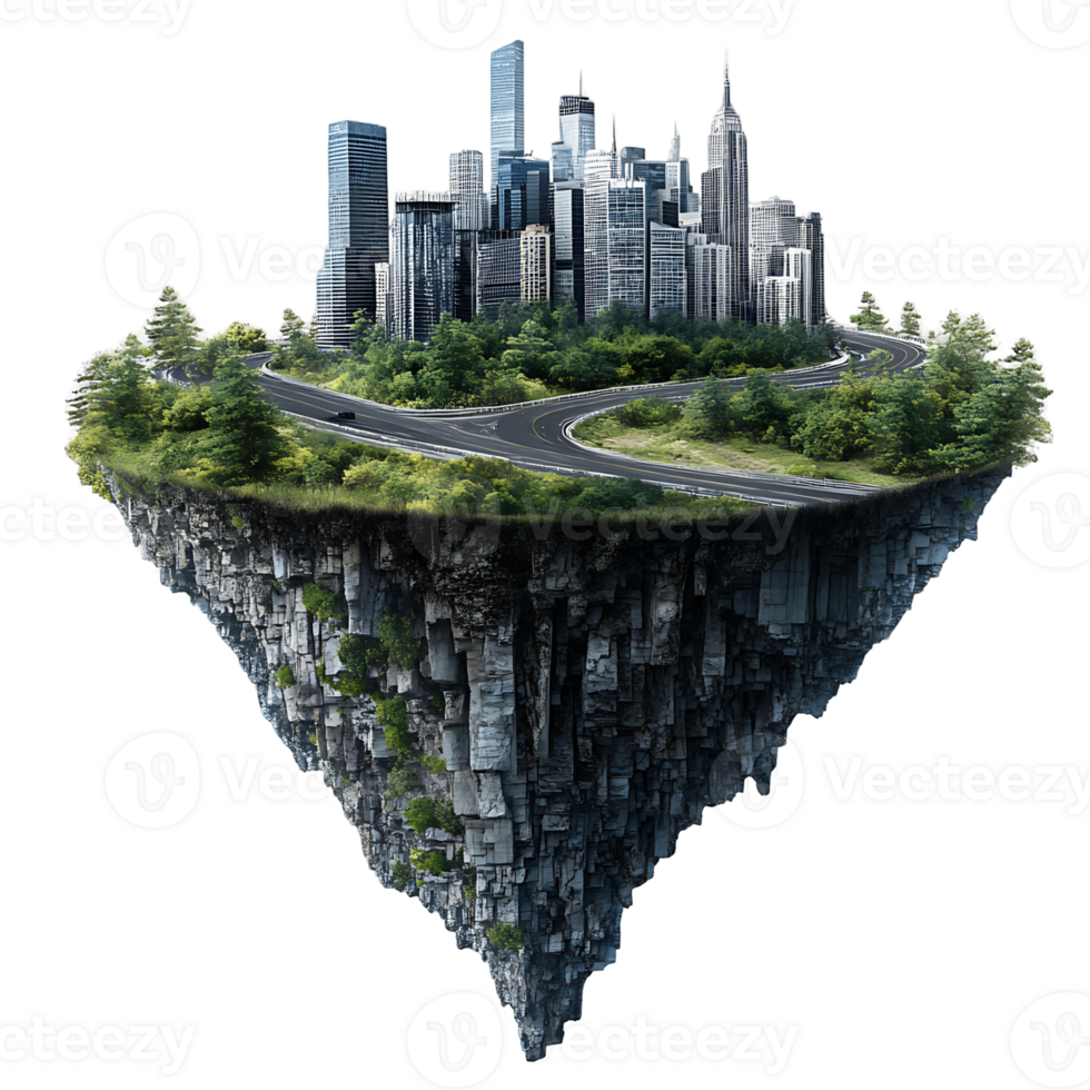 A city is shown in the air with a road and trees png