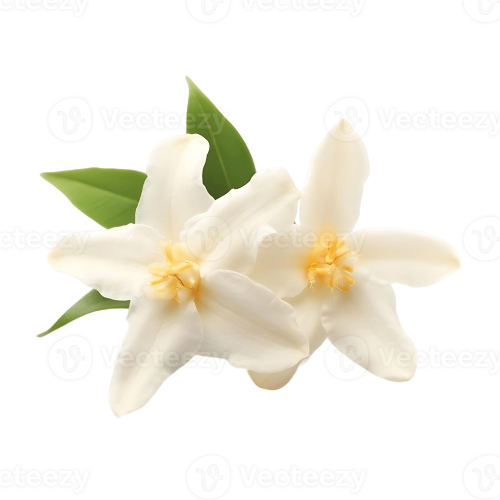 Two white flowers with yellow centers are on a transparent background png