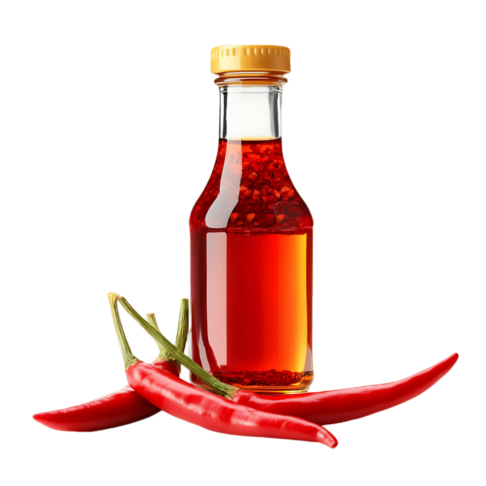 A bottle of hot sauce sits on a table next to two red peppers png