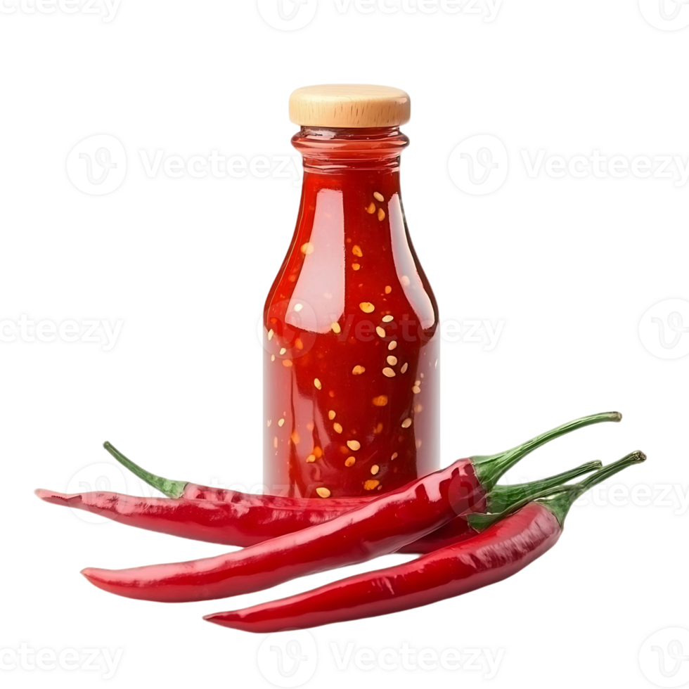 A bottle of hot sauce sits on a table next to three red peppers png
