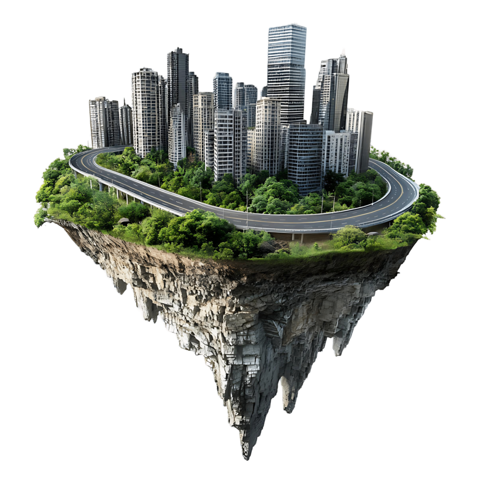 A city is built on top of a mountain, with a road running through it png