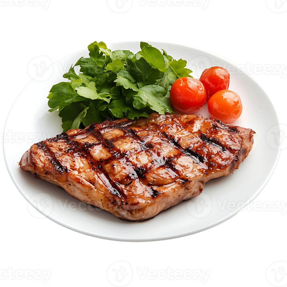 A piece of grilled meat with a side of vegetables and tomatoes png
