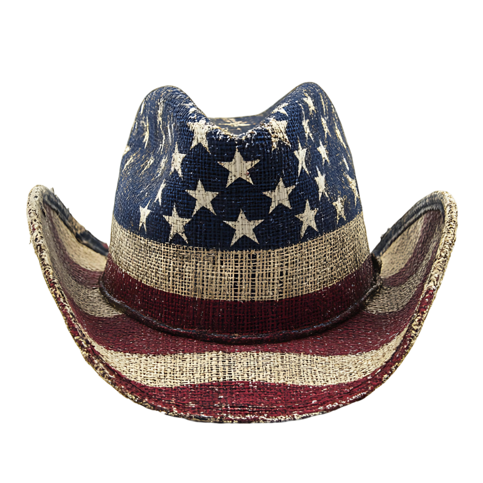 A cowboy hat with a red, white and blue stripe and stars on it png