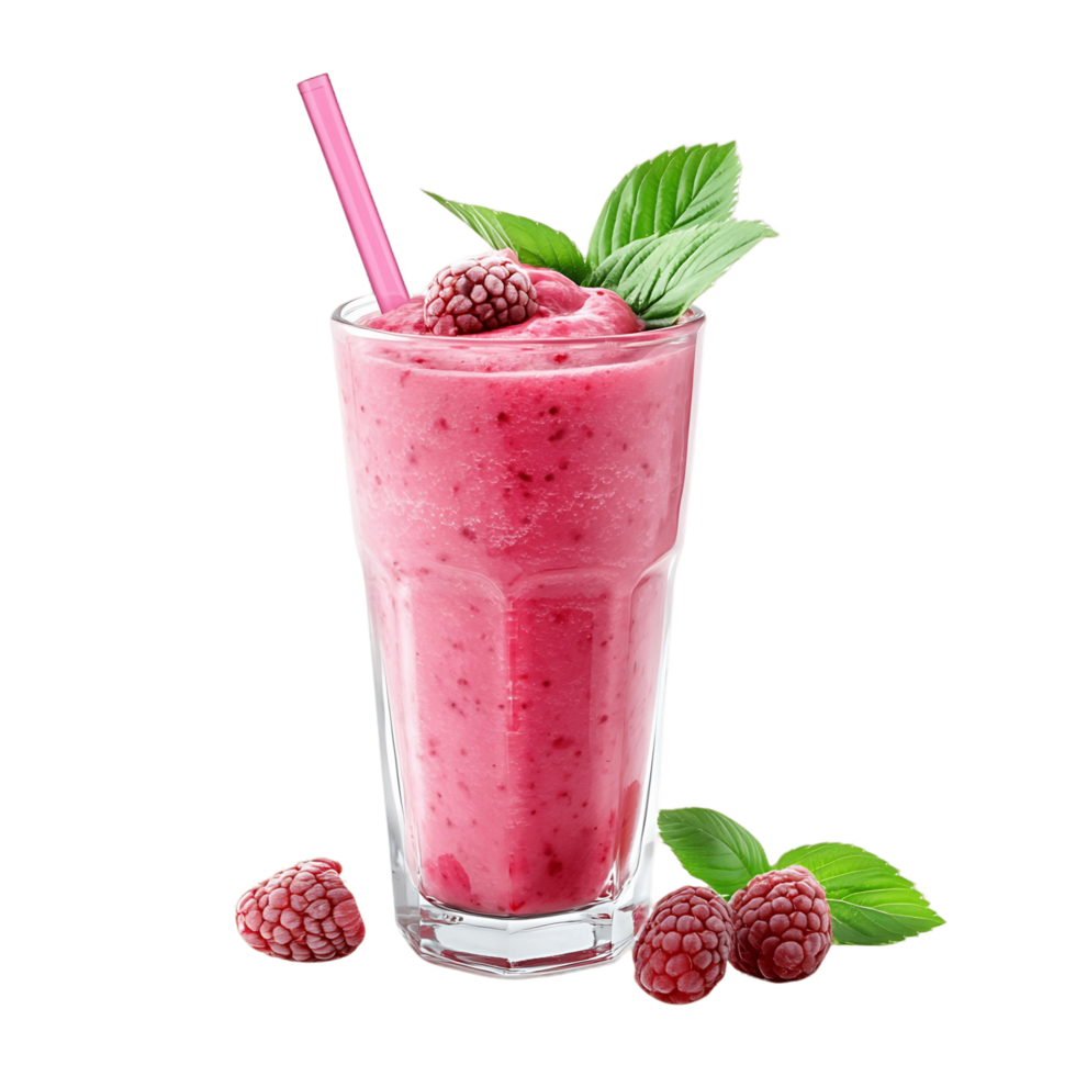 A glass of pink smoothie with a pink straw and a few raspberries on the side png