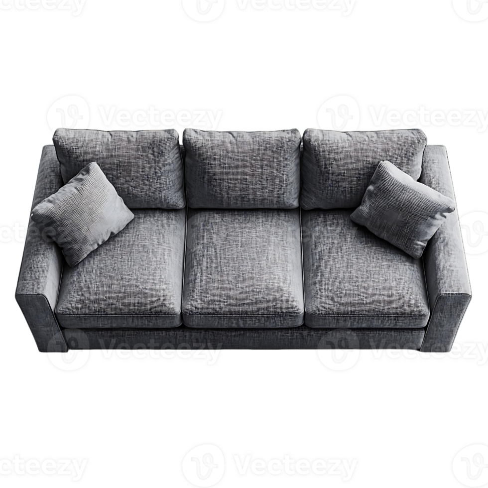 A gray couch with pillows and a pattern on it png