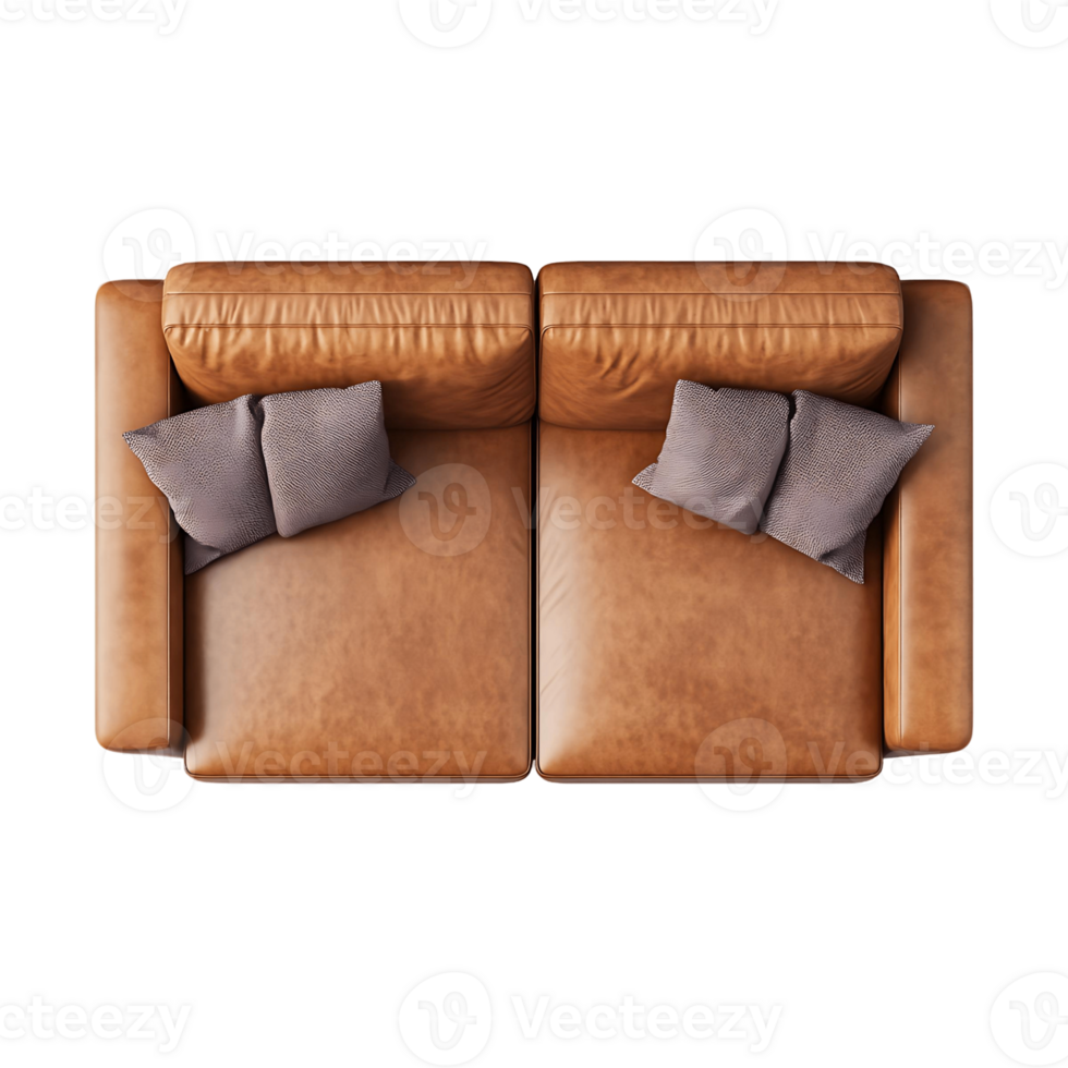 A tan leather couch with two pillows on each side png