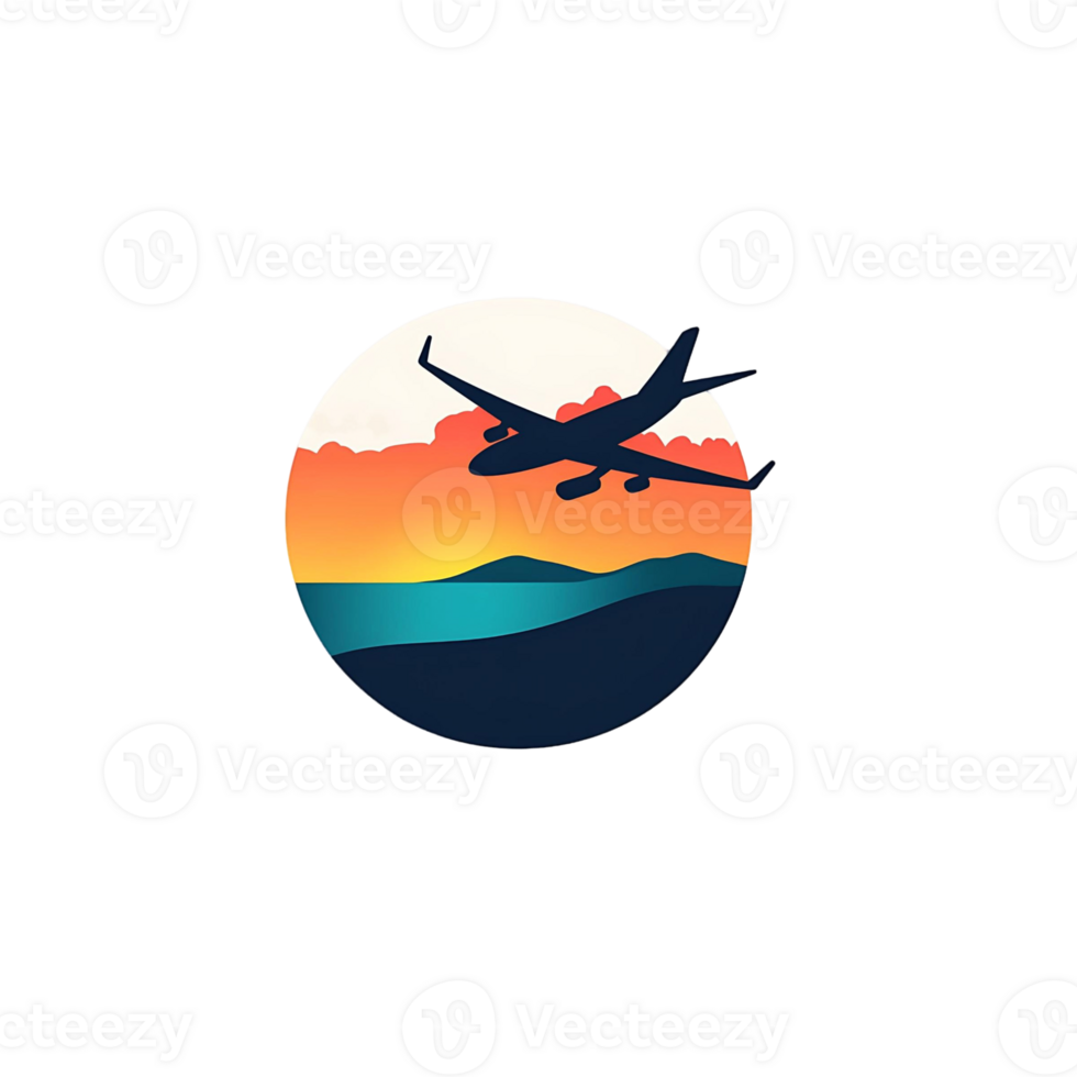 A plane is flying over a beautiful landscape with a sunset in the background png