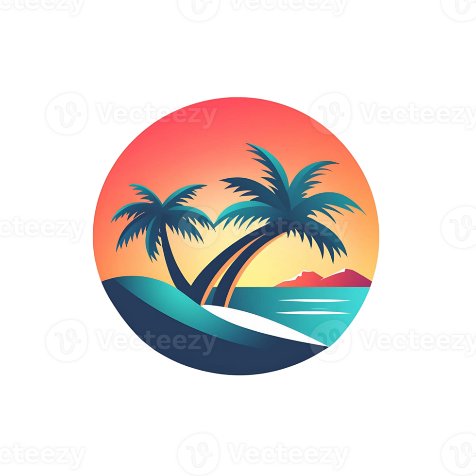 A tropical beach scene with palm trees and a sunset in the background png