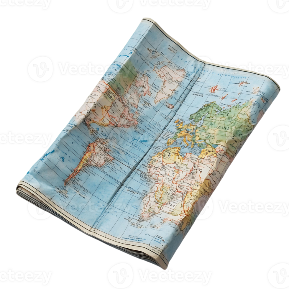 A map of the world is folded up and laying on a transparent background png