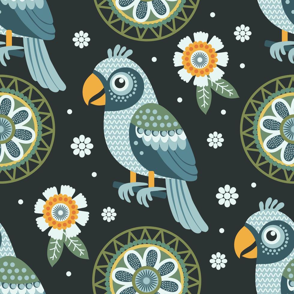 bright parrots on a dark background vector