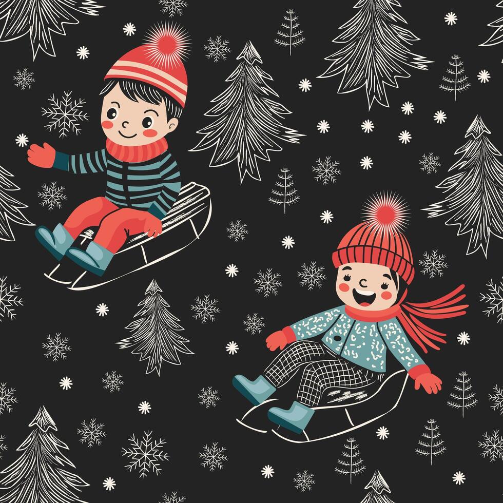 children on sleds in the forest vector