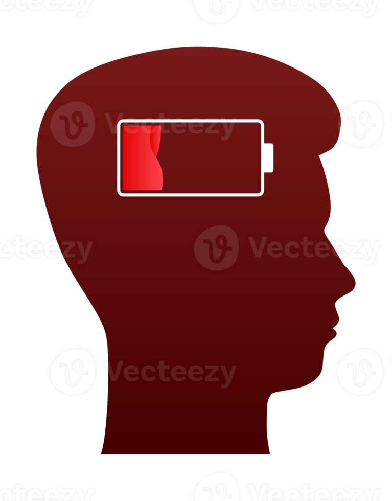 Low battery mind, human head silhouette with low battery indicator symbolizing mental exhaustion png