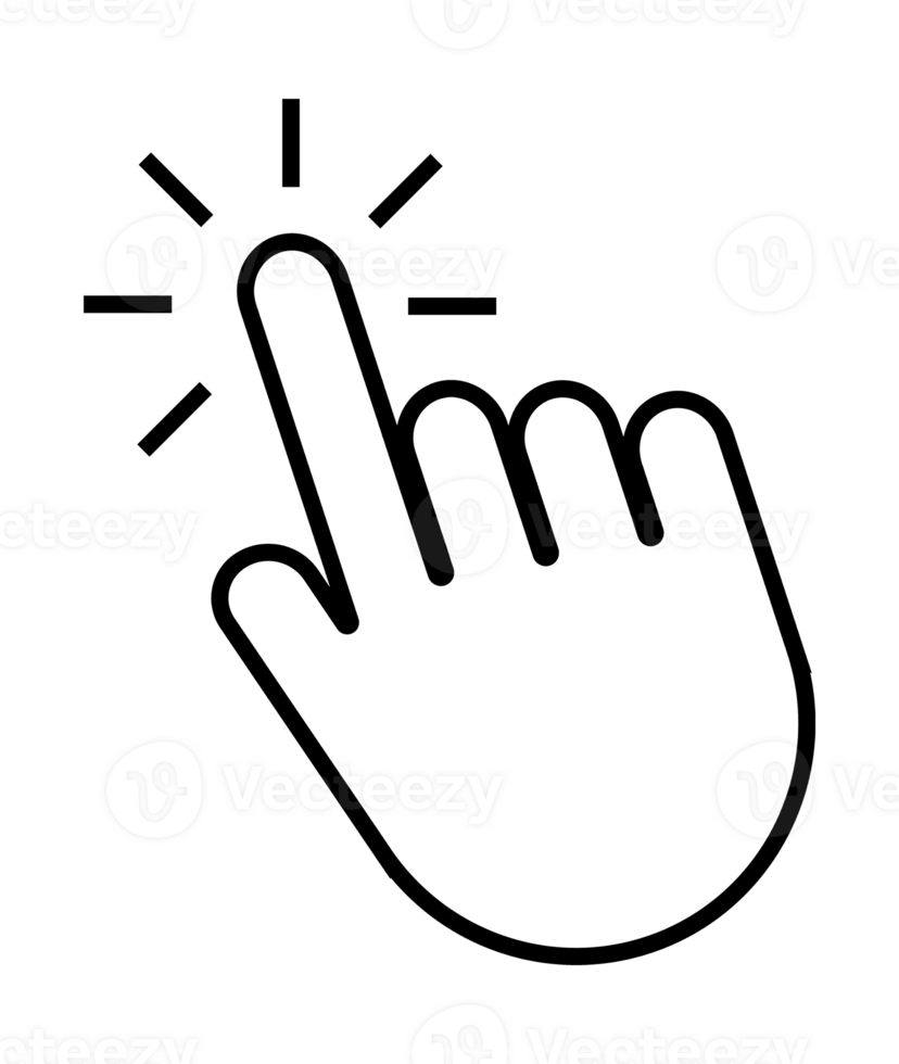 Hand cursor clicking with index finger, touching screen or button png