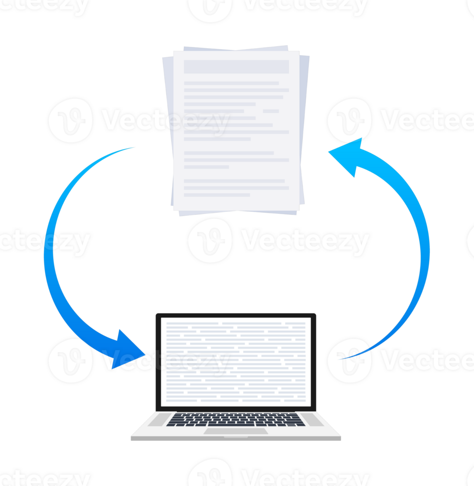 Document exchanging between laptop and paper sheets using rotating arrows png