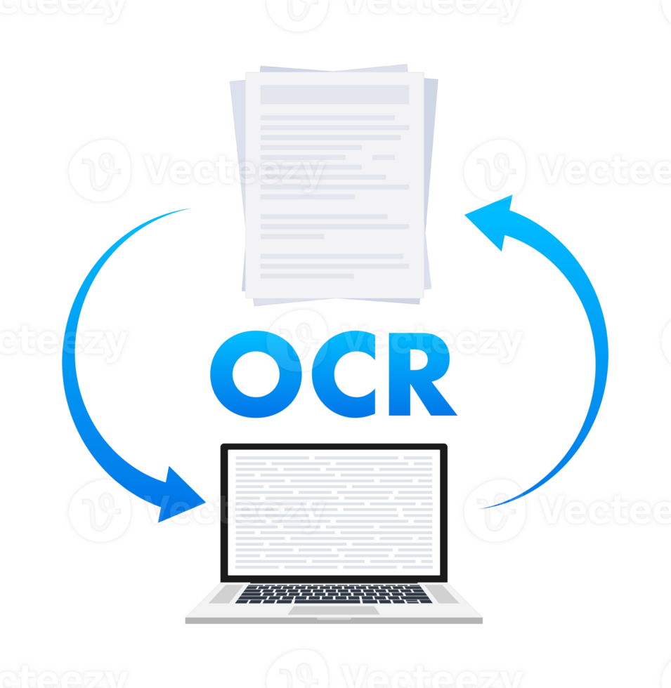 Optical character recognition converting paper documents to digital text with laptop png