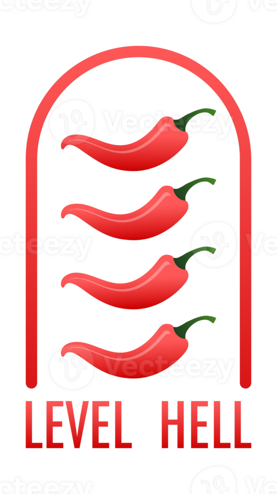 Four red chili peppers representing increasing spicy levels reaching level hell png