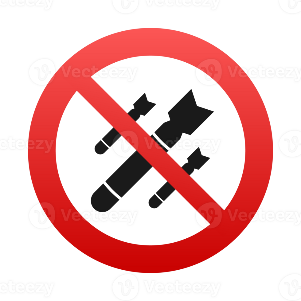 Stop war and military conflicts, red prohibition sign banning missiles and weapons png