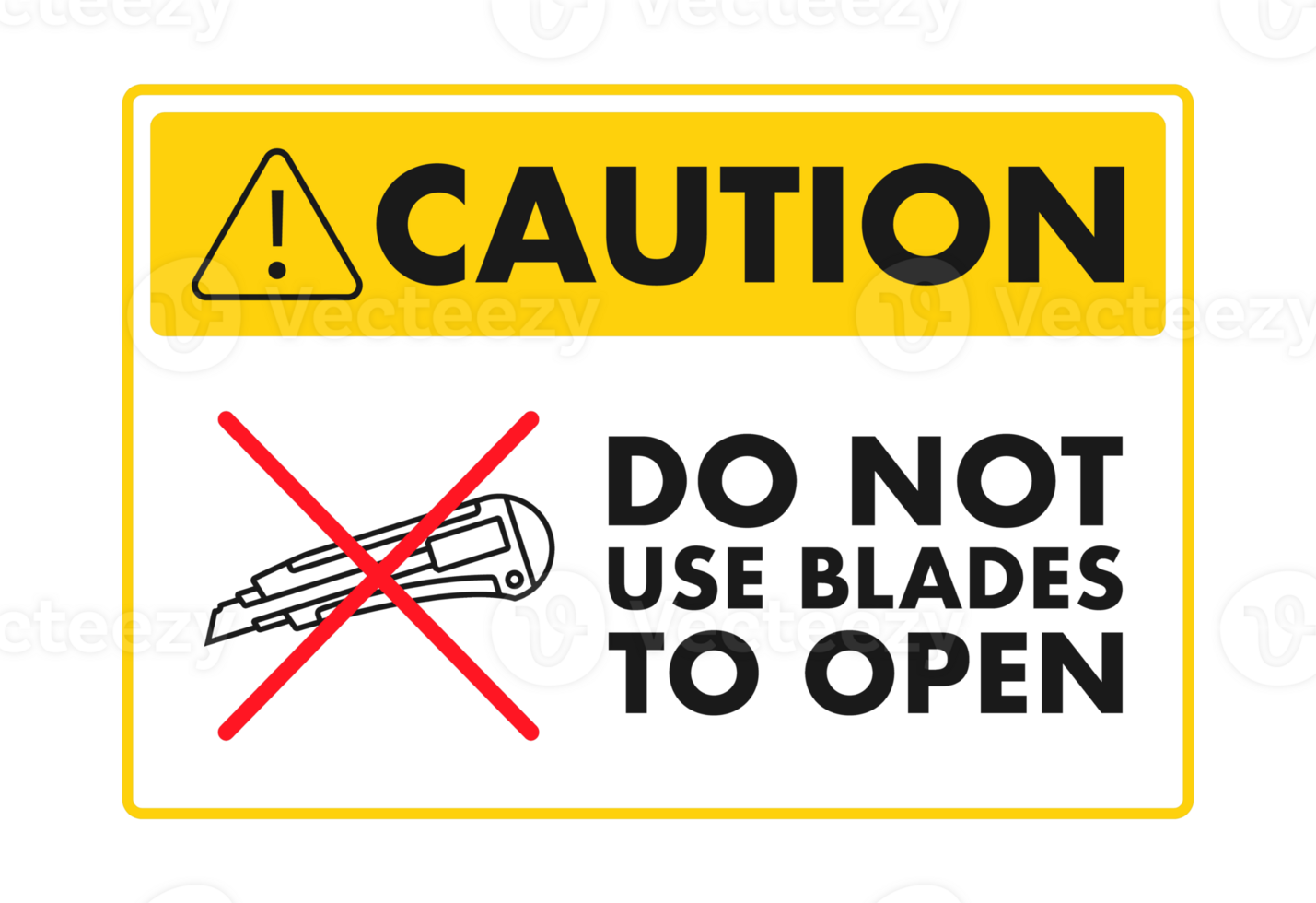 Caution sign recommending not using blades to open packages png