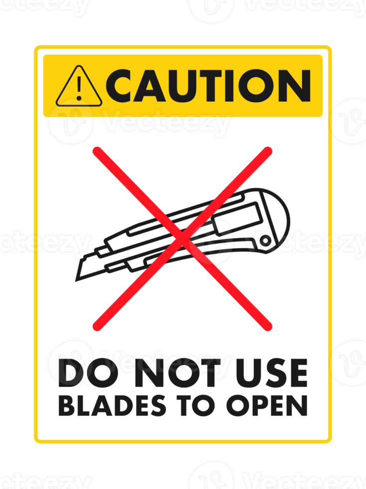 Caution sign depicting box cutter with do not use blades to open warning png