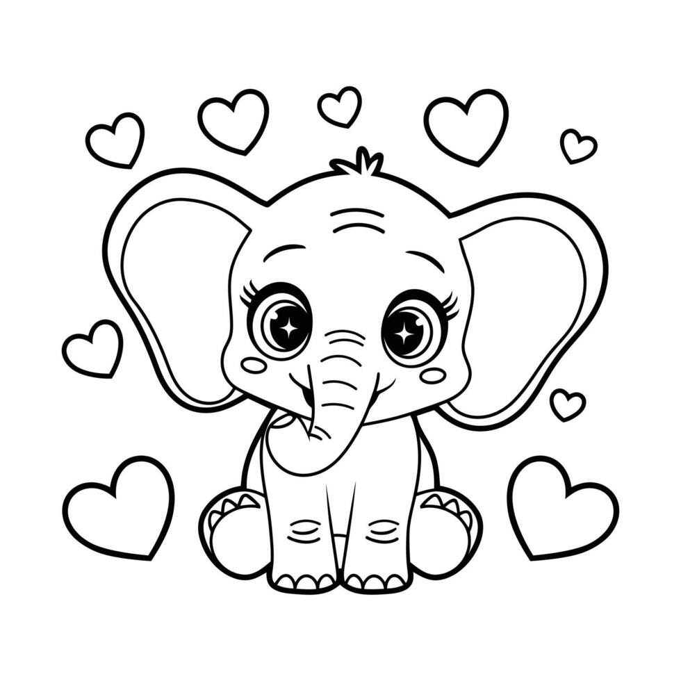 Coloring Pages For Childrens With Cute Elephant. Valentine Heart Coloring Book vector