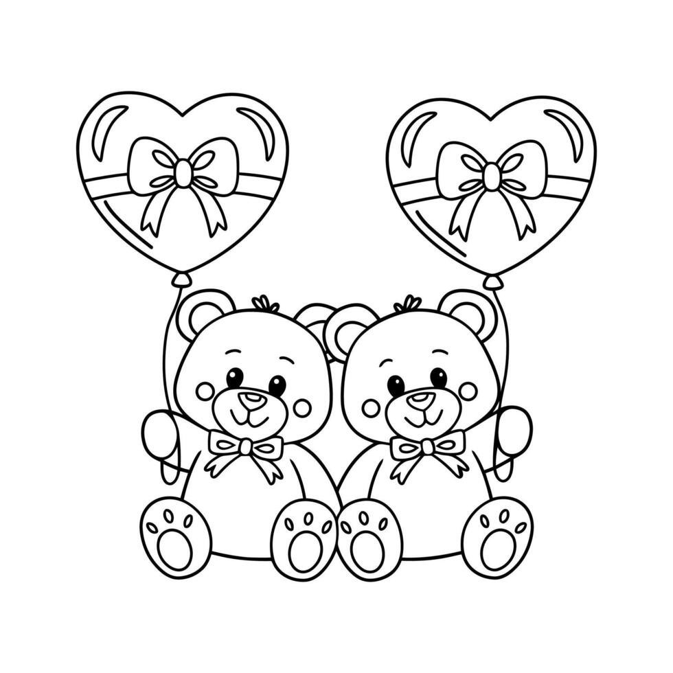 Cute Two Little Teddy Bear With Holding Balloon Heart. Valentine Day Concept vector