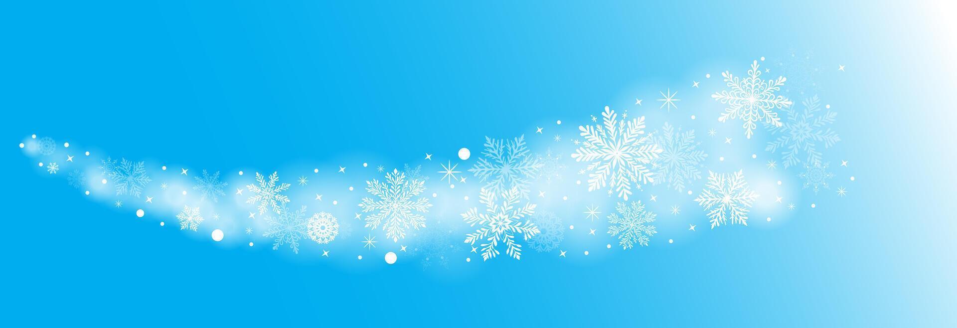 A blue background with feather-like snowflakes and a winter holiday design. The wind blows the snowflakes along the wind, creating a beautiful path. Christmas and Happy New Year Concept. vector