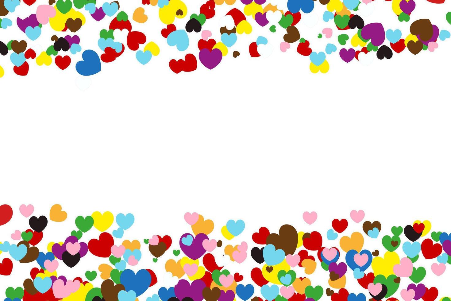 Love frame. Progress Pride Heart shaped confetti forming a header - footer background for use as a design element. Valentine Day concept. LGBTQ. vector