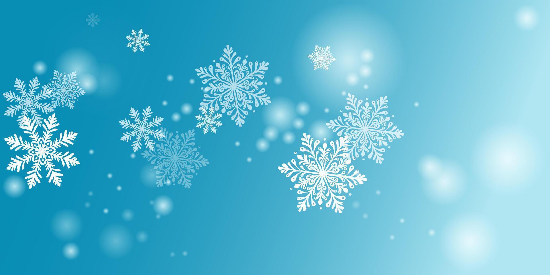 Snowfall on blue sky teal blue wallpaper. A festive Christmas and Happy New Year design featuring white snowflakes and a winter themed. Winter fleck crystallic granules. Snow hurricane scenery. vector