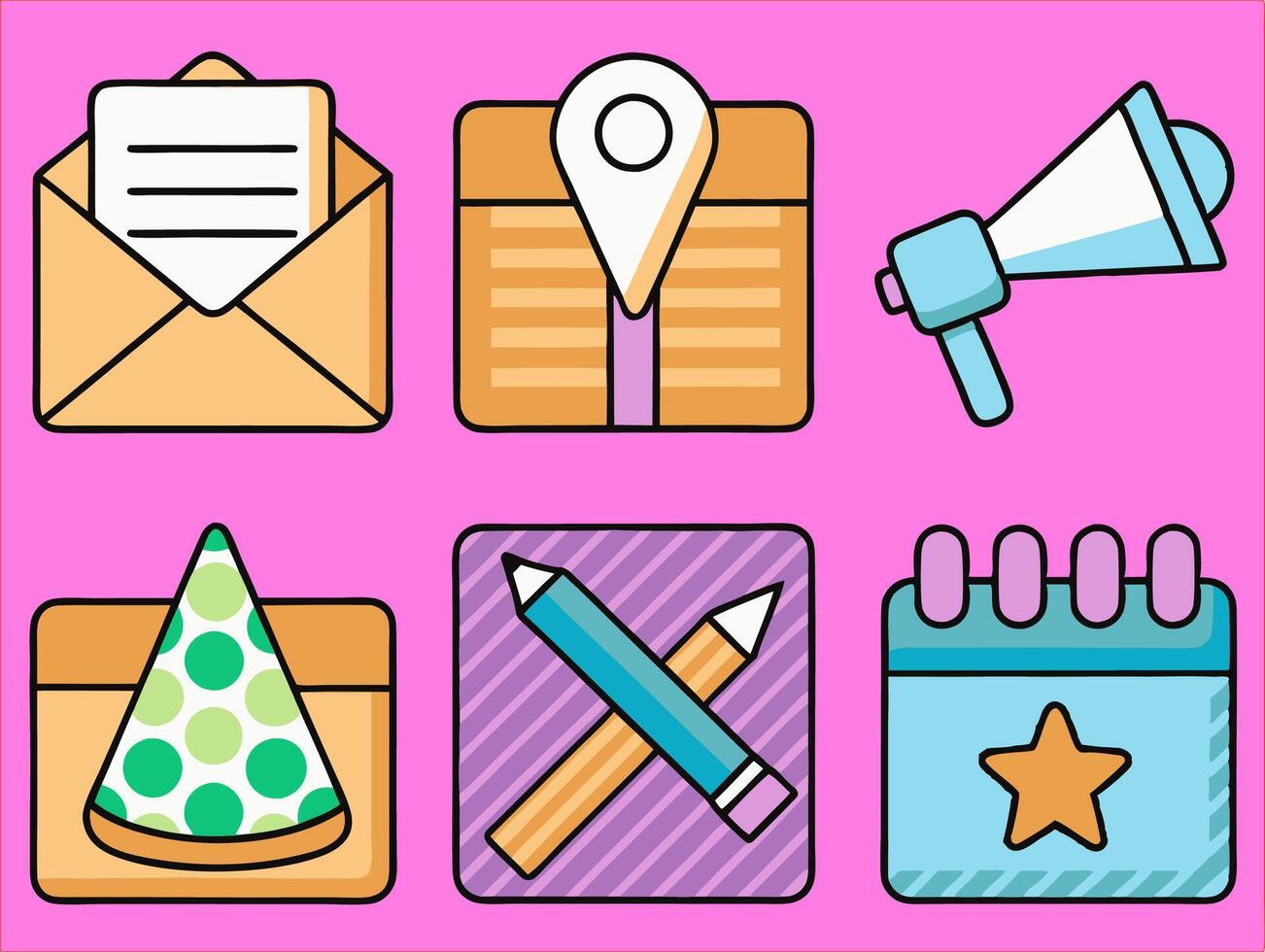 Event planning icon set. invitation, location pin, megaphone, pencil, ribbon, star vector