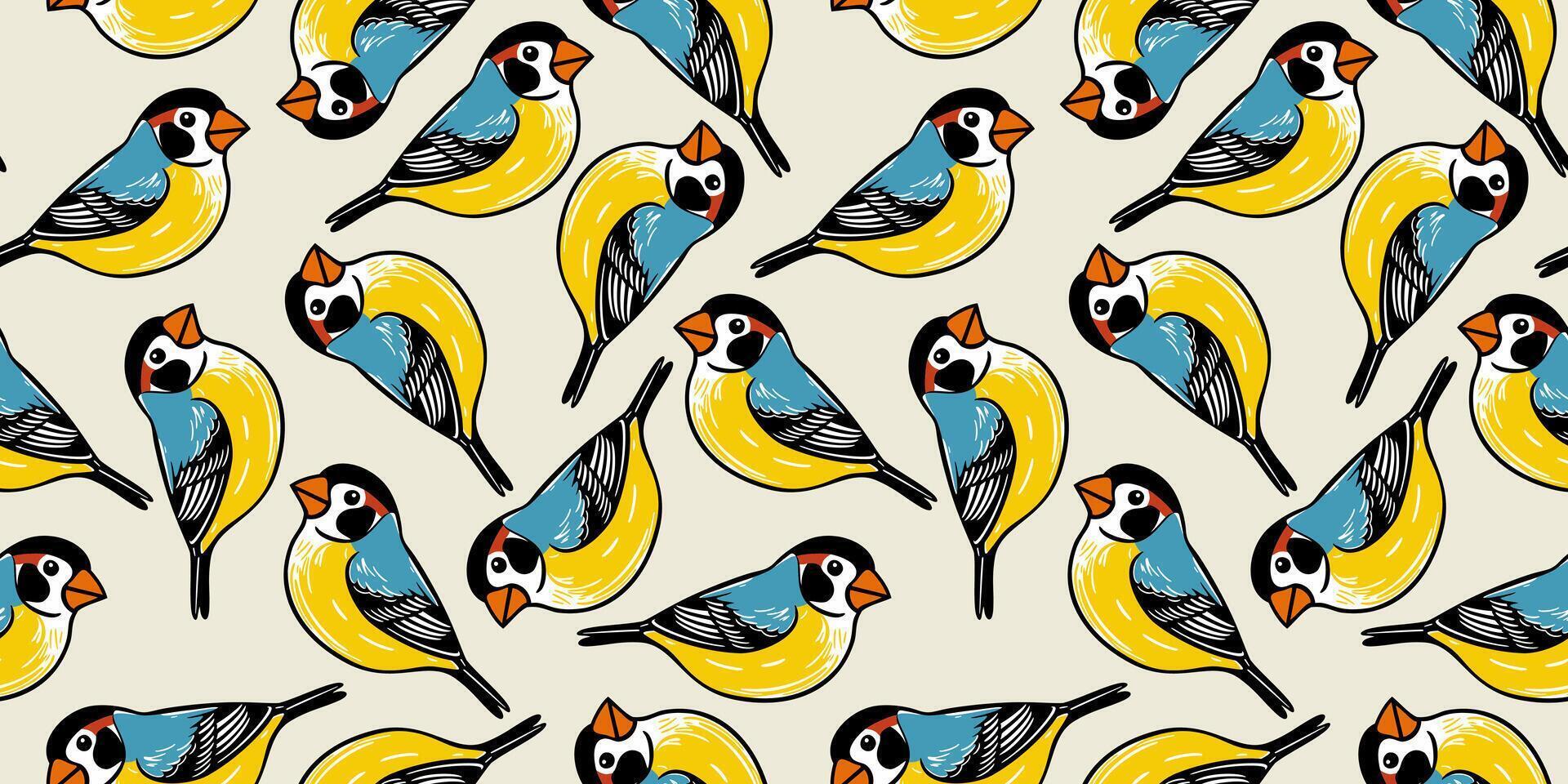 seamless pattern with colorful cute titmouses on light beige background vector