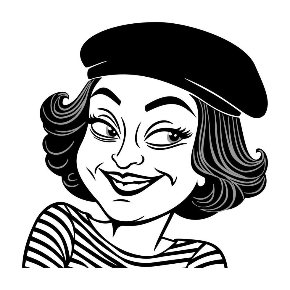 Funny smiling woman in beret and striped top. Black and white isolated illustration vector