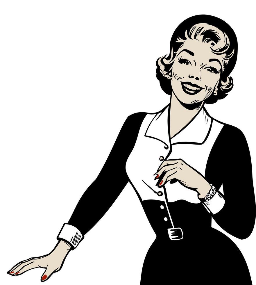 Retro woman. Happy lady in retro style. isolated black and white illustration vector