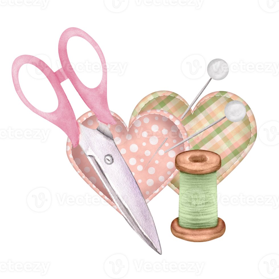 Textile hearts with scissors, thread and pins. Polka dot. Plaid. Pink. Green. Sewing clipart. Hand-drawn watercolor illustration png