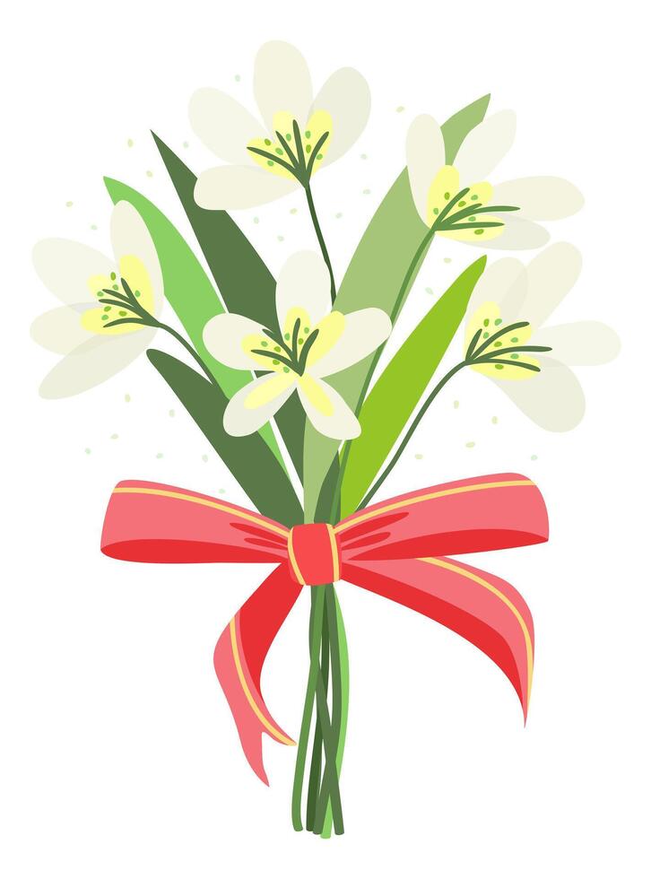 Bouquet of spring flowers decorated with red bow. isolated illustration. vector