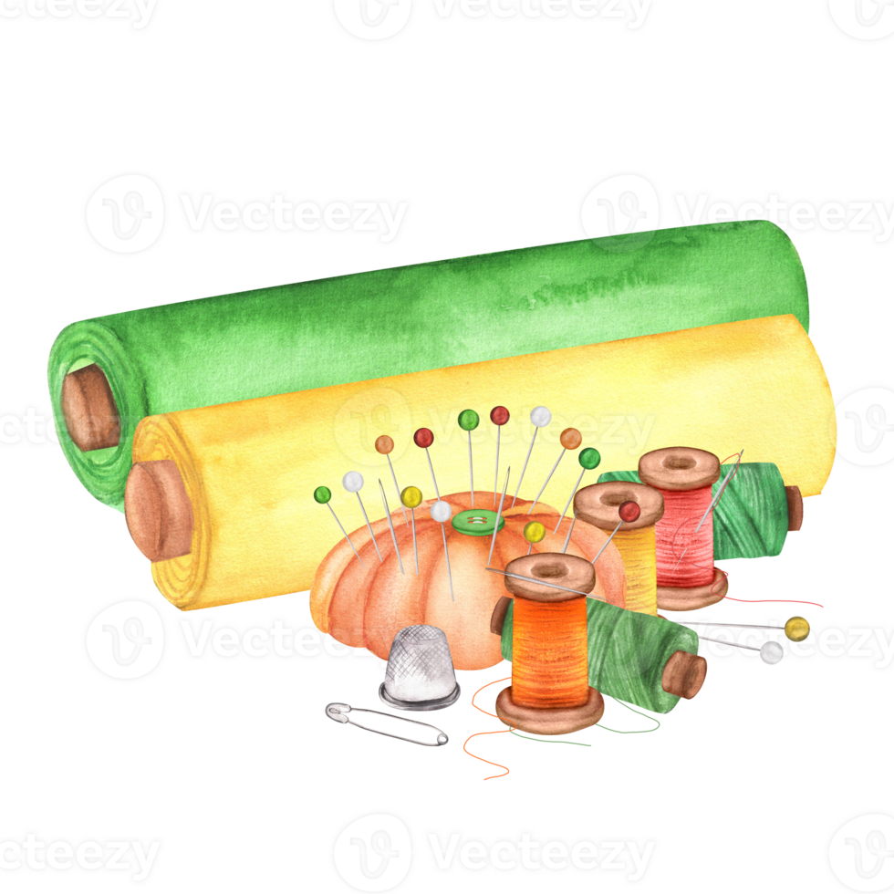 Fabric rolls with pincushion, threads, thimble, pins. Sewing clipart. Dressmaking kit. Atelier. Hand-drawn watercolor illustration png