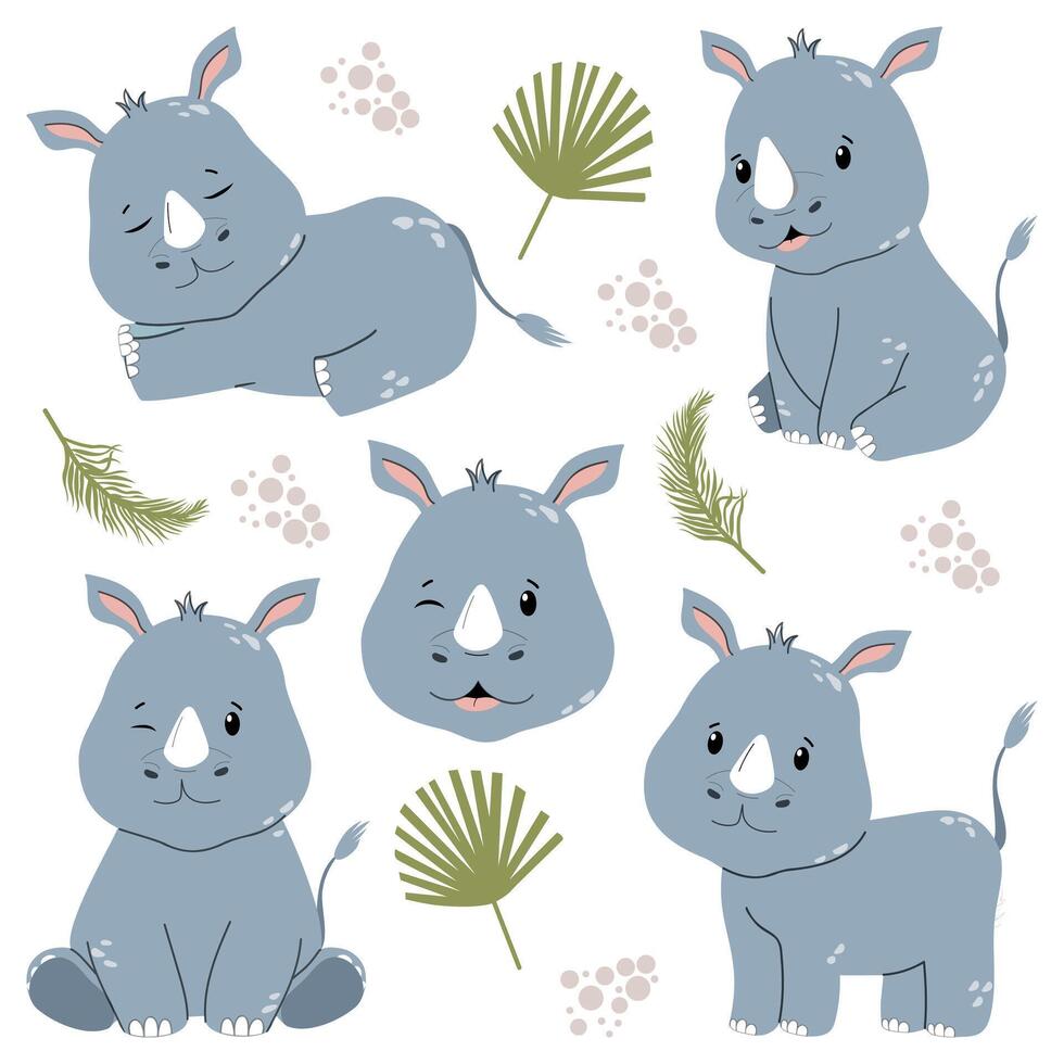 Safari childrens rhino set in flat style isolated on white background vector