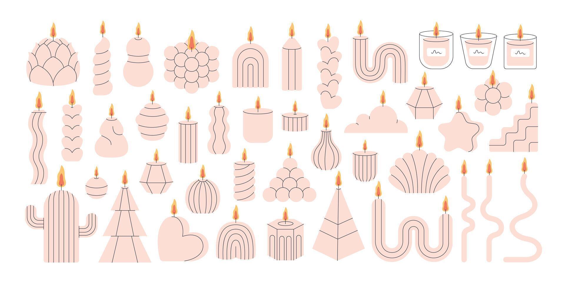 Decorative aromatic candles various shapes. Burning scented candles, home interior and aromatherapy vector