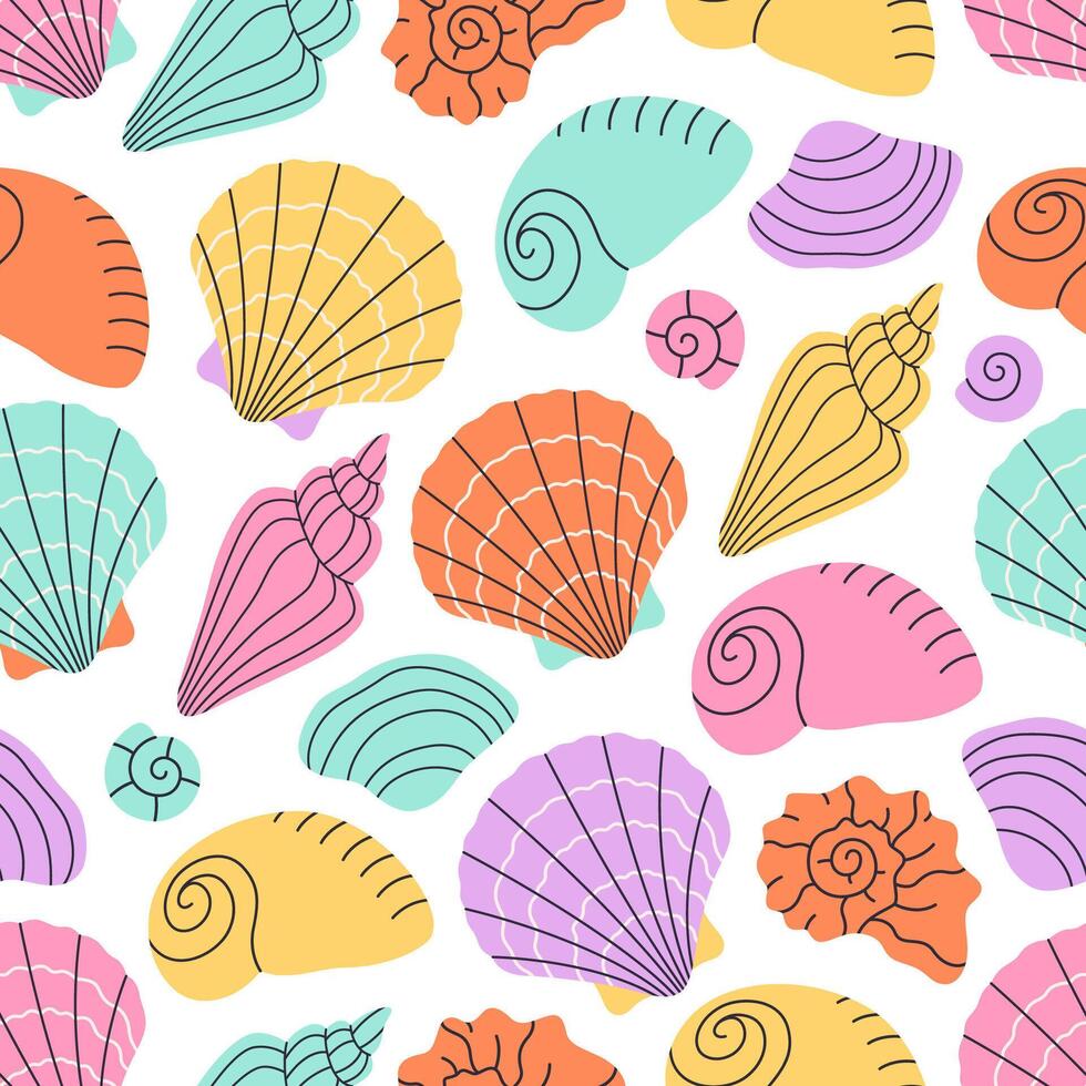 Seamless pattern with sea shells, mollusks, starfish vector