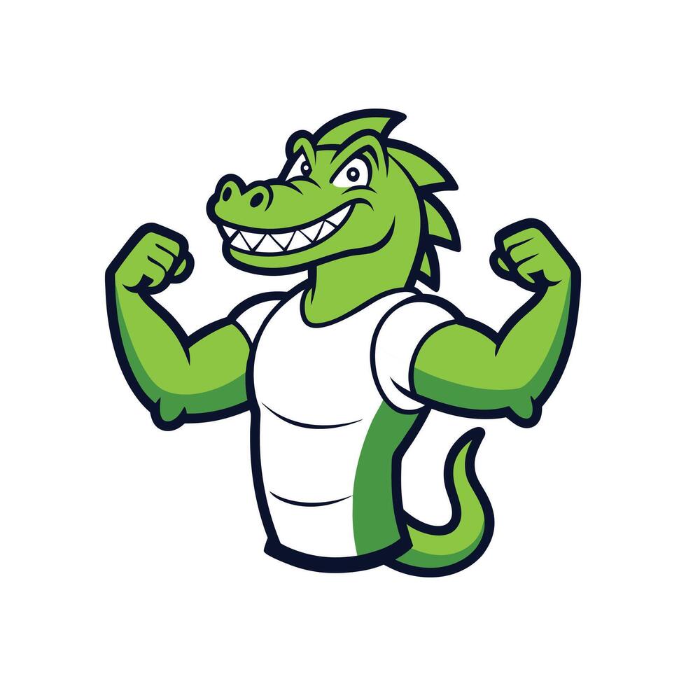 Crocodile Muscle Mascot Cartoon Character - Strong and Bold Illustration on White Background vector