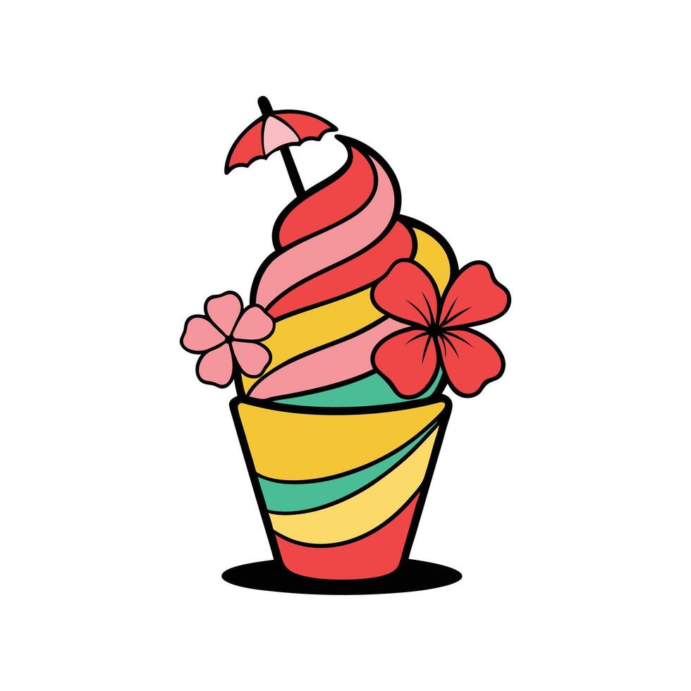 Yellow and Pink Swirled Ice Cream Cone with Umbrella Fun Illustration vector