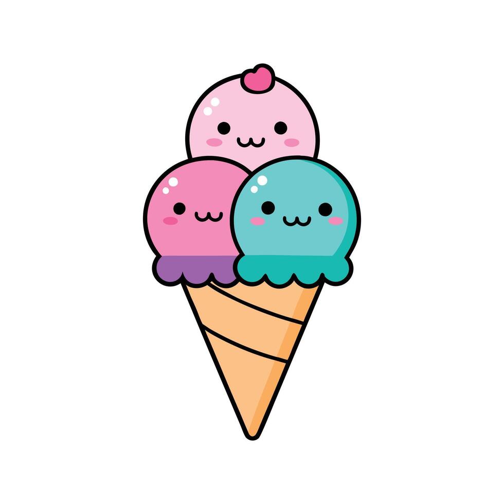 Adorable Ice Cream Cone Cartoon - Cute Character on White vector