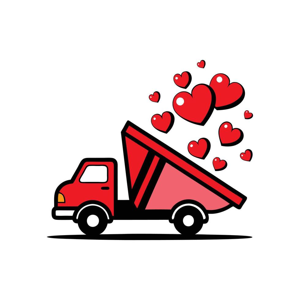 Red Pickup Truck Delivering Giant Hearts Illustration on White Background vector