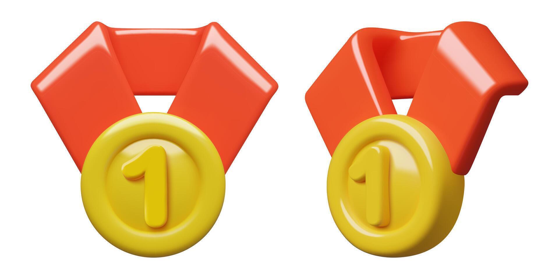 Gold medals first place 3d icons with a number one and a red ribbon vector