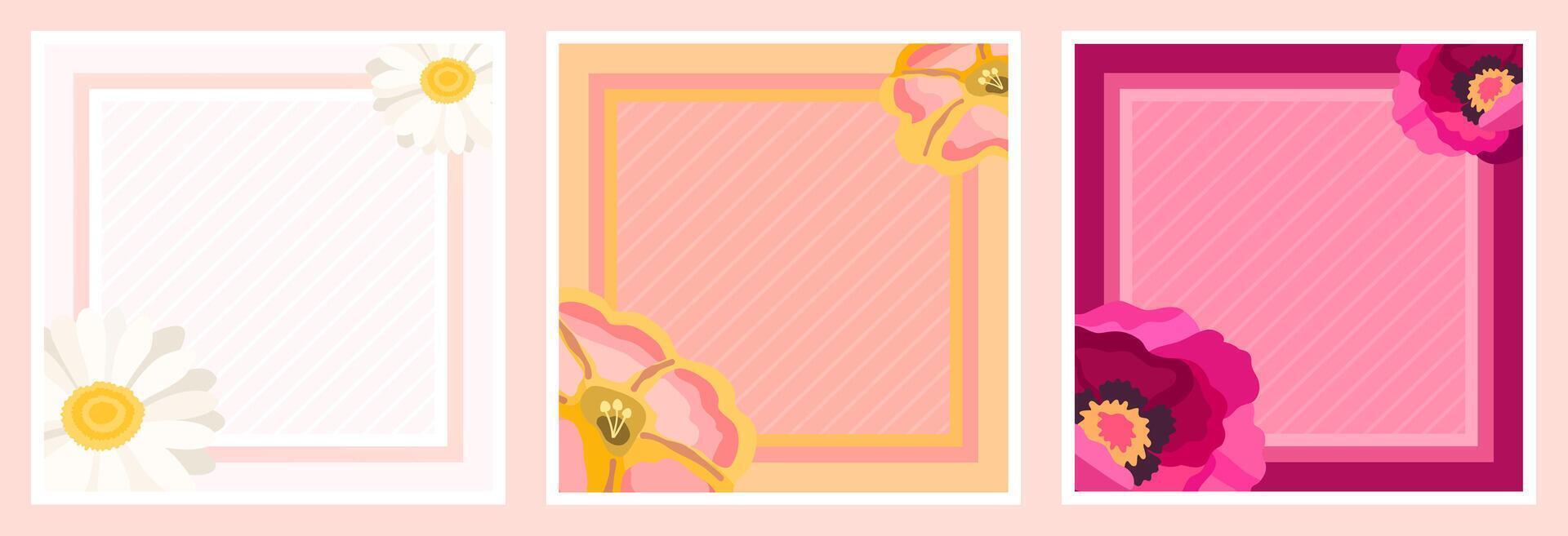 Greeting cards design with floral decorations - daisies, calibrachoa and peony. Template set for holiday cards, in light peach, white, burgundy and pink colors, and trendy gradients. vector