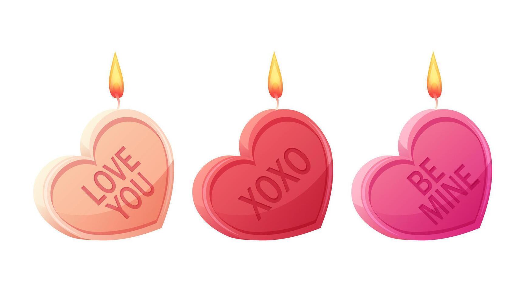 Burning heart shaped candles for Valentine's Day. Romantic candles with words on white background. isolated illustrations vector